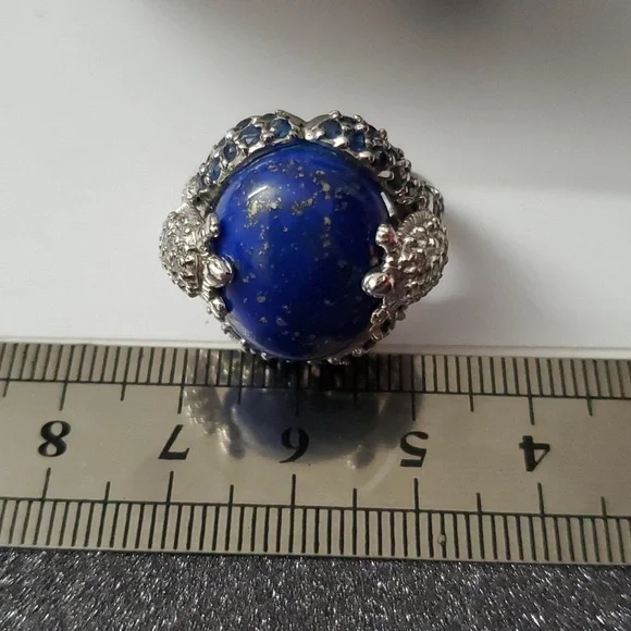 Sterling Silver 925 Lapis Lazuli Turtle Sapphire Halo Ring - Picture 5 of 10
